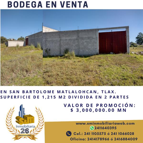 Bodega en venta en 3ra. San Bartolomé Matlalohcan, Tetla de la Solidaridad, Tlaxcala