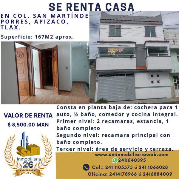 Casa en renta en San Martin de Porres, Apizaco, Tlaxcala