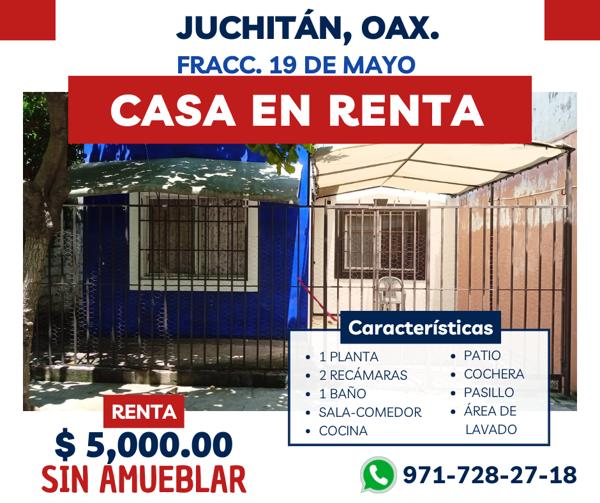 Casa en renta en 19 de Mayo Fovissste, Juchitán de Zaragoza, Oaxaca