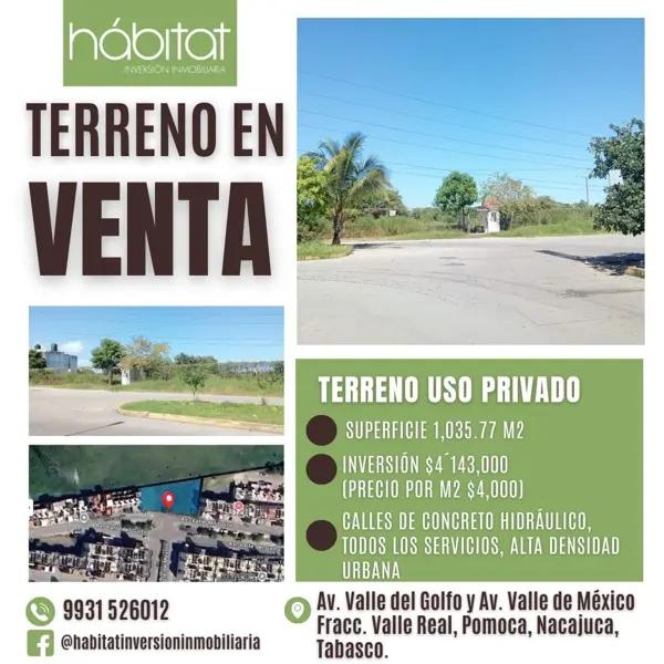 Terreno en venta en Pomoca Valle Real, Nacajuca, Tabasco