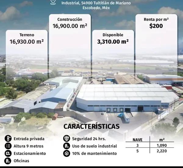 SE RENTA BODEGA EN TULTITLAN EN PARQUE INDUSTRIAL