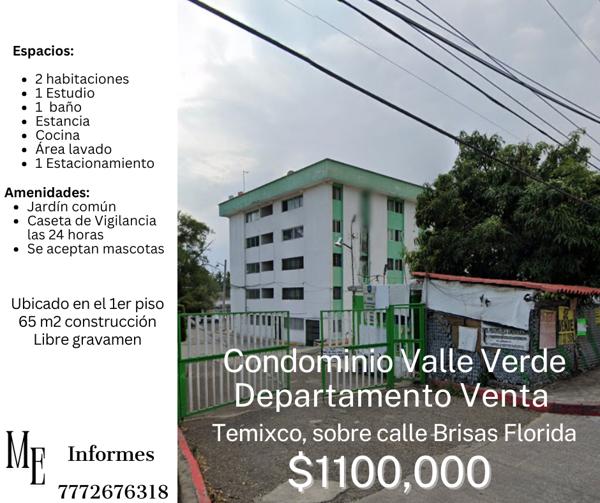 VENTA DEPARTAMENTO CONDOMINIO VALLE VERDE LAS BRISAS TEMIXCO MORELOS