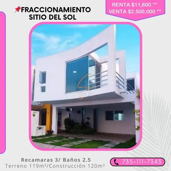 CASA  RENTA O VENTA FRACCIONAMIENTO SITIO DEL SOL CUAUTLA MORELOS