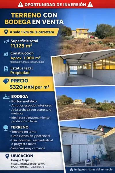 oportunidad de INVERSION, terreno con bodega en venta