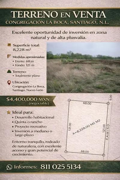 TERRENO EN VENTA – CONGREGACIÓN LA BOCA, SANTIAGO, N.L.
