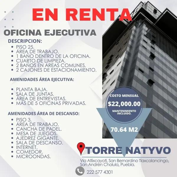 Oficina Ejecutiva en Renta en Torre Natyvo Puebla, San Andrés Cholula Oficina Ejecutiva en Renta en Torre Natyvo Puebla, San Andrés Cholula