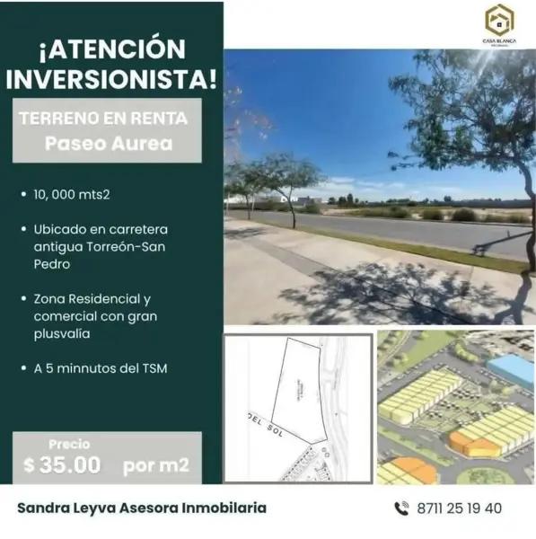 Atención inversionistas, rento terreno con ubicación estratégica sobre Paseo Áurea Atención inversionistas, rento terreno con ubicación estratégica sobre Paseo Áurea