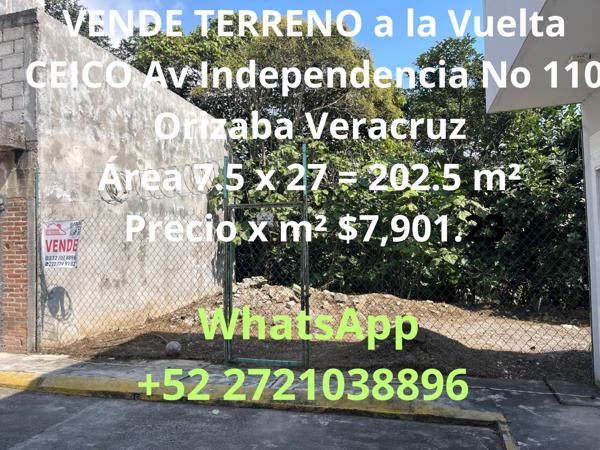 VENDE TERRENO a la Vuelta CEICO Av Independencia No 110
Cp 94390 Col Juárez Orizaba Veracruz