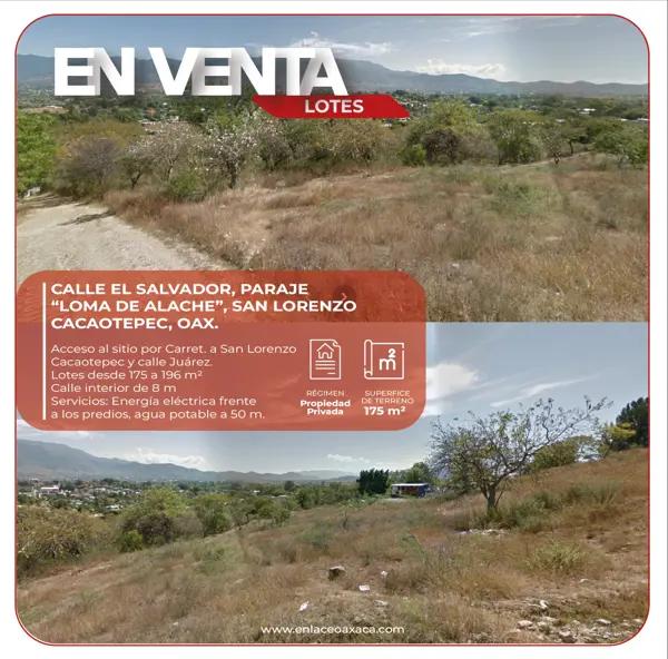 Lotes en venta en el Paraje Lomas de Alache, San Lorenzo Cacaotepec, Oax.