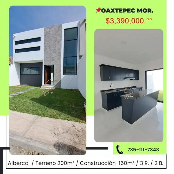 CASA EN VENTA CON ALBERCA, EN OAXTEPEC, MORELOS
$3,390,000.00