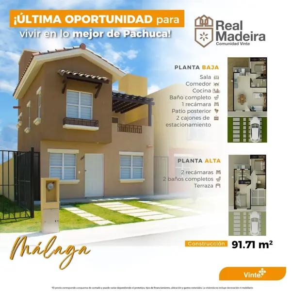 VENTA DE CASA NUEVA EN FRACC. REAL MADEIRA MOD. MÁLAGA, EN PACHUCA HGO.