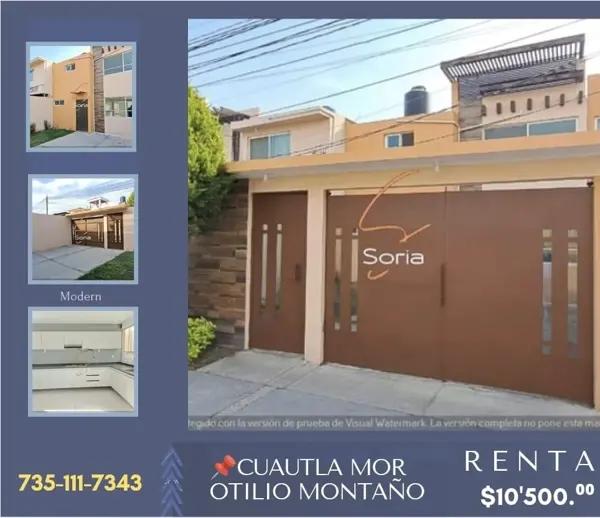 CASA EN RENTA CUAUTLA MORELOS COLONIA OTILIO MONTAÑO EXCELENTE  SEGURIDAD, AMPLIO JARDÍN