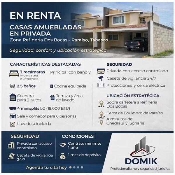 En renta casas-habitación amuebladas en privada con vigilancia