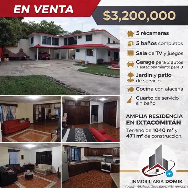 En venta amplia residencia en Ixtacomitán, Tabasco, $3,200,000.