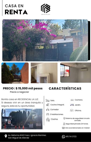 SAN MIGUEL DE ALLENDE CASA EN RENTA CON HABITACIÓN PLANTA BAJA