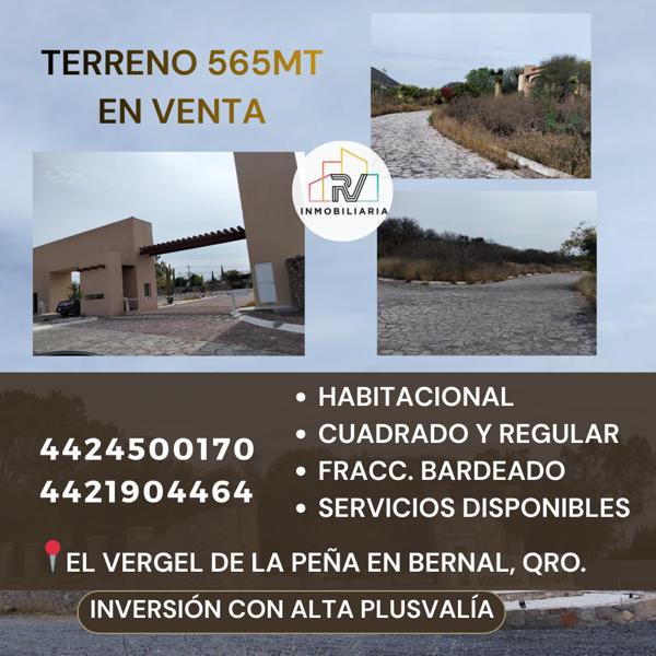 RV VENDE TERRENO 565MT EN LA ZONA DE LA PEÑA DE BERNAL,