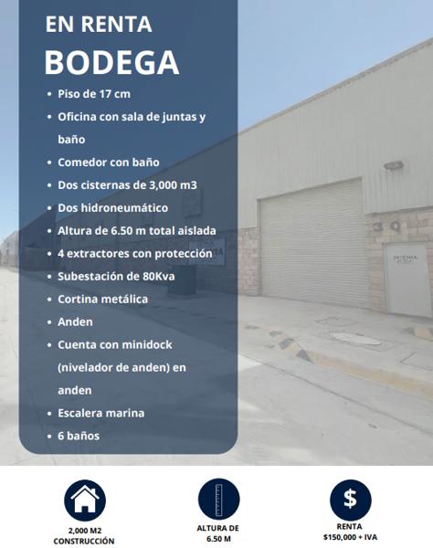 BODEGA INDUSTRIAL EN RENTA, EN FRACC. ANA, TORREÓN, COAH.
