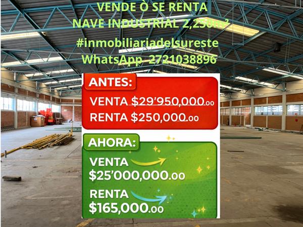 SE VENDE Ò SE RENTA
NAVE INDUSTRIAL 2,250m² 
CALLE DURAZNAL CP 94793
#HUILOAPAN #VERACRUZ #MEXICO