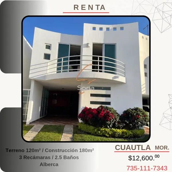 CASA EN RENTA CUAUTLA MORELOS 

FRACCIONAMIENTO SITIO DEL SOL