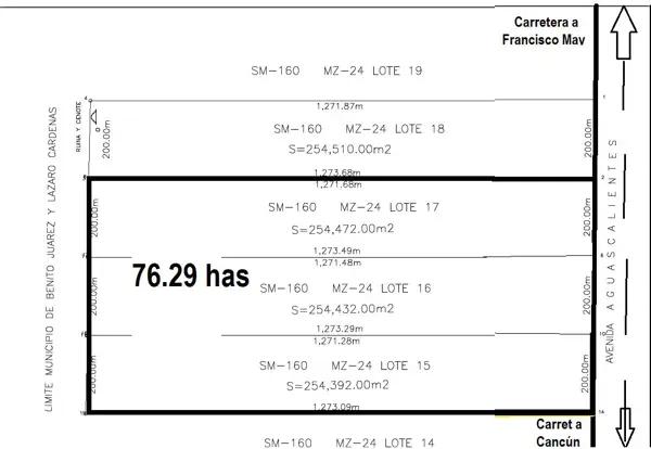 Terreno en Venta, 76.39 Has, OPORTUNIDAD/ESCRITURADO, Carretera Cancún-Francisco May, Cancún