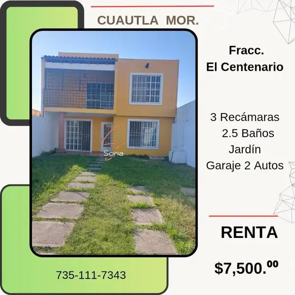 CASA EN RENTA CUAUTLA MORELOS
FRACCIONAMIENTO CENTENARIO CASA EN RENTA CUAUTLA MORELOS
FRACCIONAMIENTO CENTENARIO