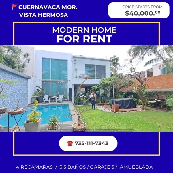 CASA EN RENTA
CUERNAVACA MORELOS
AMUEBLADA EN RENTA – VISTA HERMOSA CASA EN RENTA
CUERNAVACA MORELOS
AMUEBLADA EN RENTA – VISTA HERMOSA