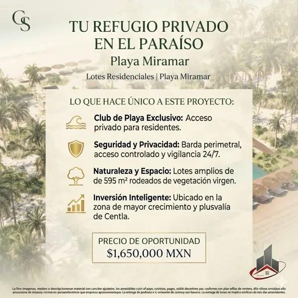 Amplios lotes de 595 m2 en zona exclusiva de Playa Miramar, en venta desde $1,650,000 MXN