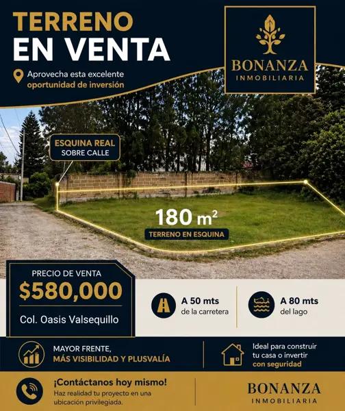 180 m² Terreno en Oasis valsequillo, $580,000  a  80 mts lago