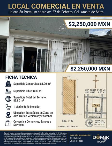 Local comercial sobre Av. 27 de Febrero, zona de alto tráfico vehicular y peatonal.