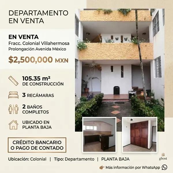 Departamento en Venta en Colonial Villahermosa, Amplios Espacios, 3 Recámaras, Avenida México