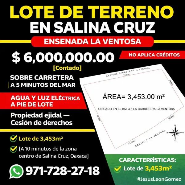 Terreno en Venta en Bahía La Ventosa, Salina Cruz Oaxaca | 3,453 m² a 5 Minutos del Mar