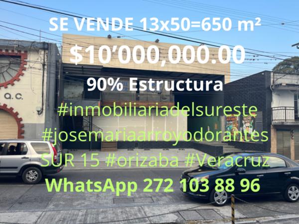 INMUEBLE COMERCIAL 13x50=650 m² 
 (Enfrente TelMex)
SUR 15 ORIZABA VERACRUZ Cp94300