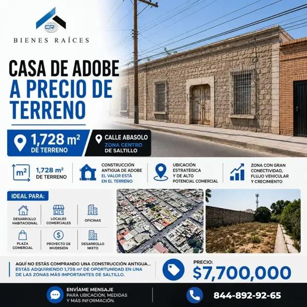 ?? EN EL CENTRO DE SALTILLO 1,728 m²??
?? Calle Abasolo
Lo que hoy es difícil encontrar en el Centro ?? EN EL CENTRO DE SALTILLO 1,728 m²??
?? Calle Abasolo
Lo que hoy es difícil encontrar en el Centro