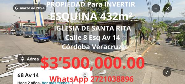 432 m² ESQUINA De IGLESIA DE SANTA RITA
Calle 8 Esquina Av 14   Córdoba Veracruz
