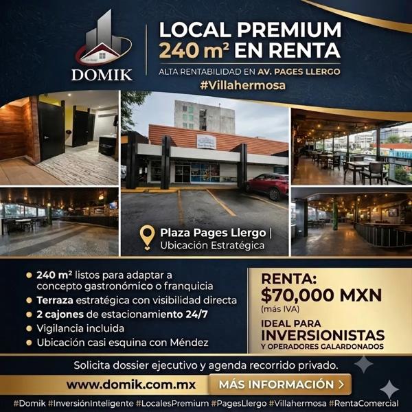 EN RENTA - Local con terraza y vista a la Avenida Pages Llergo - $70,000 MXN más IVA