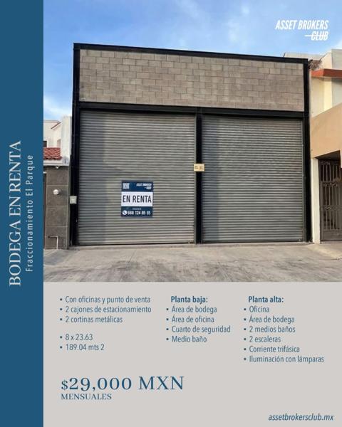 BODEGA EN RENTA FRACCIONAMIENTO EL PARQUE