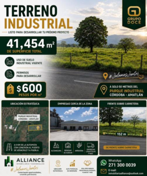 Venta Terreno uso de suelo Industrial en a unos pasos del parque Industrial, Cordoba, Veracruz