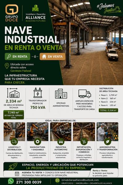 Renta o Venta de Nave Industrial en Cordoba Veracruz.