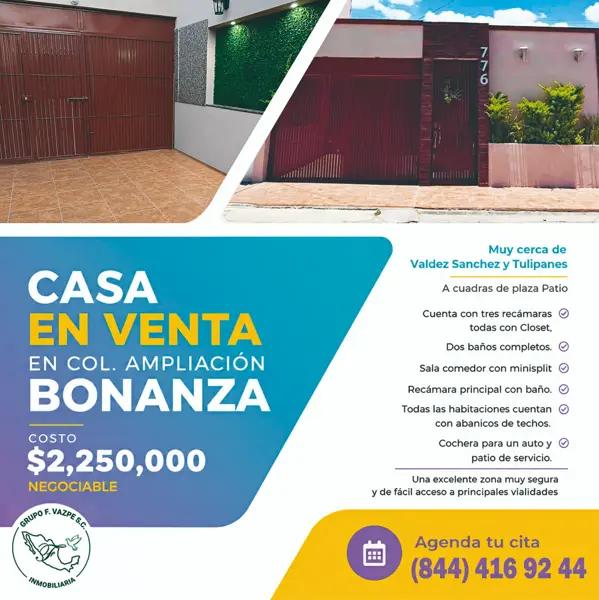 Casa en Venta en Col. Ampliación Bonanza | 3 Recámaras | Cerca de Plaza Patio