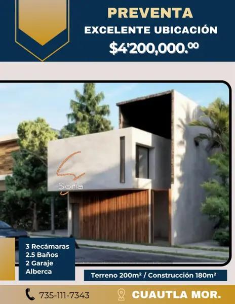 CASA NUEVA EN CUAUTLA MORELOS 

PREVENTA $4,200,000.°°