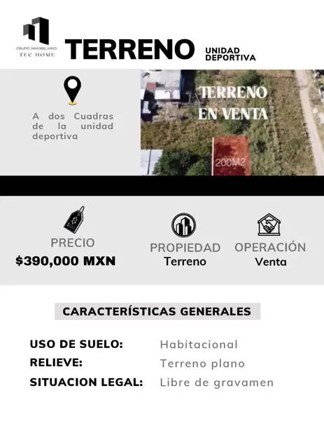Grupo Inmobiliario Tec Home VENDE, terreno a dos cuadras de Unidad Deportiva en Tecolotlán, Jalisco