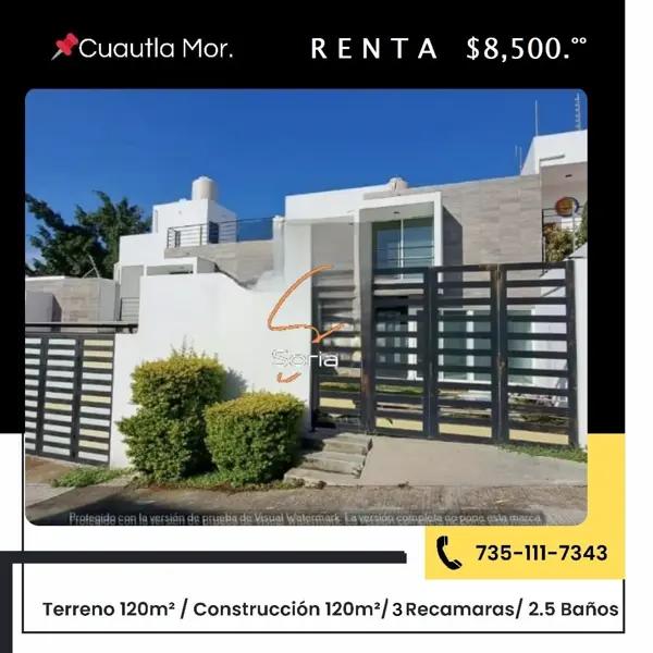 CASA EN RENTA   CUAUTLA MORELOS...!!! 
 
Excelente ubicación a solo unas cuadras de  Soriana  a la e