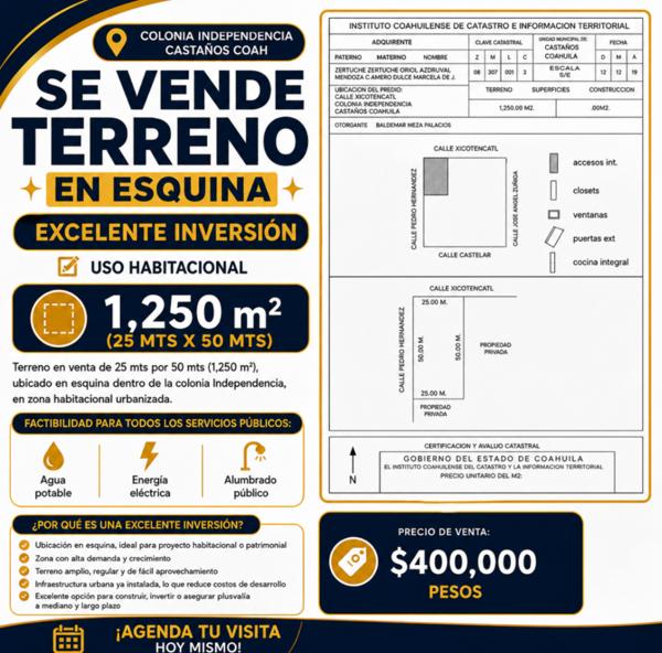 TERRENO EN VENTA EN ESQUINA EN COLONIA INDEPENDENCIA, CASTAÑOS, COAHUILA