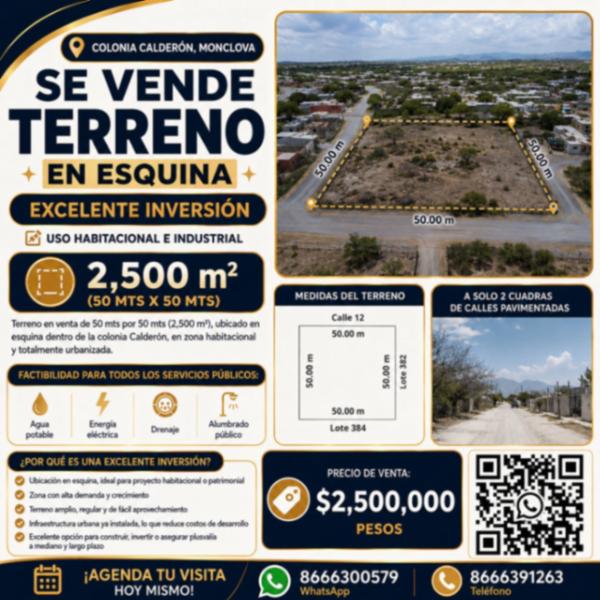 TERRENO EN VENTA EN ESQUINA EN COLONIA CALDERÓN, MONCLOVA, COAHUILA TERRENO EN VENTA EN ESQUINA EN COLONIA CALDERÓN, MONCLOVA, COAHUILA