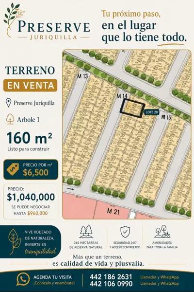 Terreno residencial $6500 m2 en venta en Juriquilla Preserve, Querétaro