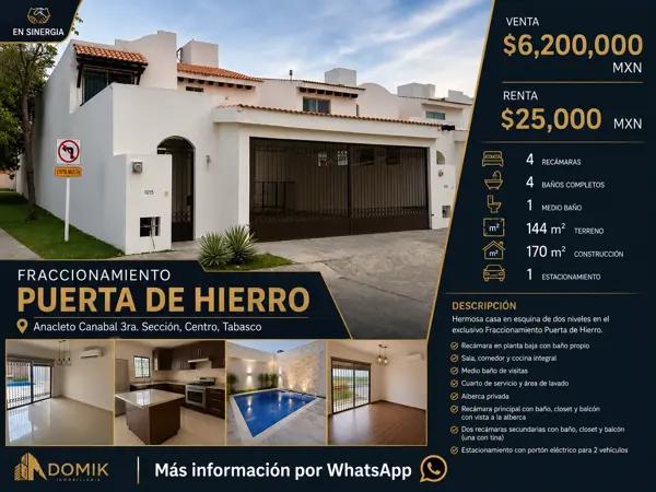 EN RENTA Y VENTA - Casa en esquina en Fracc Puerta de Hierro - $25,000 MXN RENTA, $6,200,000 VENTA EN RENTA Y VENTA - Casa en esquina en Fracc Puerta de Hierro - $25,000 MXN RENTA, $6,200,000 VENTA