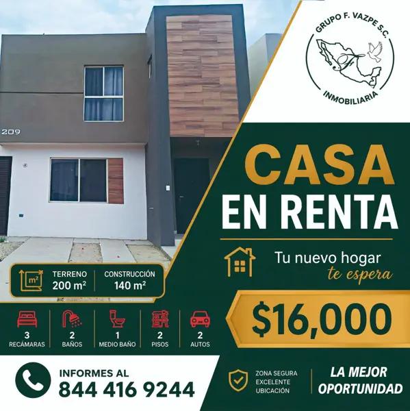 Casa en Renta en Villas Castellana, Saltillo – 3 Recámaras y Cochera para 2 Autos
