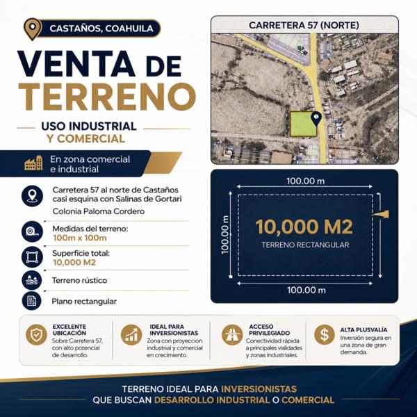TERRENO INDUSTRIAL Y COMERCIAL EN VENTA SOBRE CARRETERA 57, CASTAÑOS, COAHUILA TERRENO INDUSTRIAL Y COMERCIAL EN VENTA SOBRE CARRETERA 57, CASTAÑOS, COAHUILA