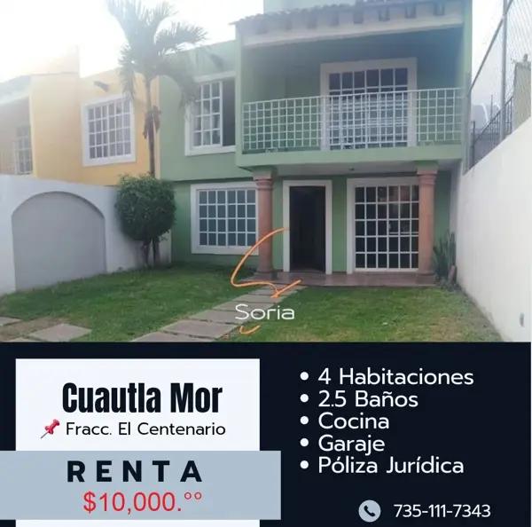 CASA EN RENTA

FRACCIONAMIENTO CENTENARIO 
CUAUTLA MORELOS