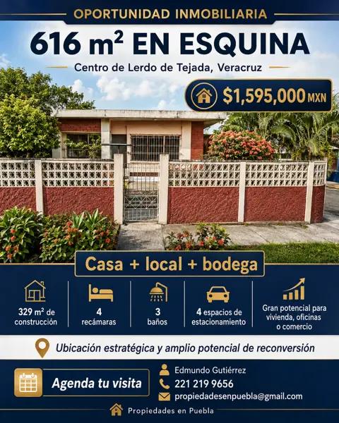 616 m² EN ESQUINA | CENTRO DE LERDO DE TEJADA
                                Casa + Local + Bodega